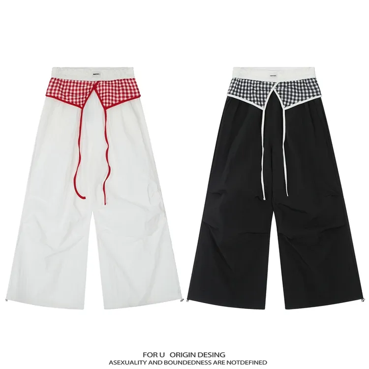 FOR U 原创国潮美式复古叠穿阔腿女格子百搭设计褶皱休闲拖地裤夏