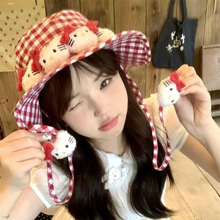 hellokitty渔夫帽女防晒防紫外线y2k凯蒂猫红格子甜妹出游遮阳帽