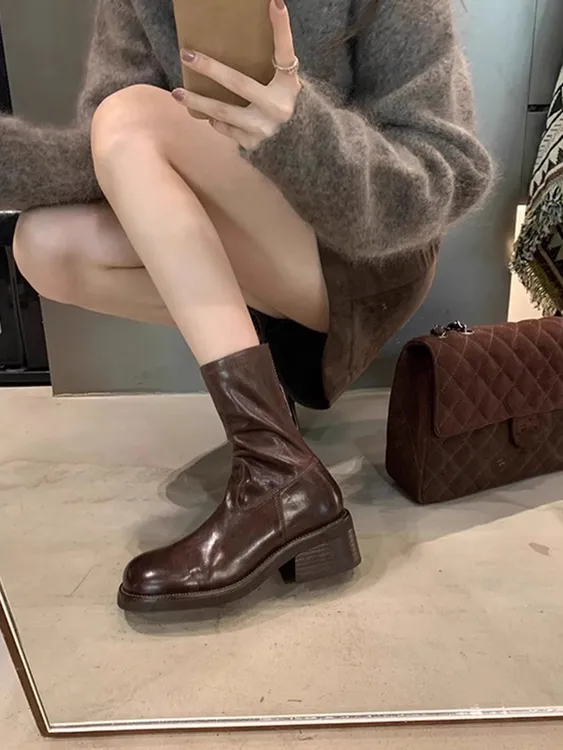 水洗马皮~厚底短靴女秋季真皮复古单踝靴小个子马丁靴粗跟瘦瘦靴