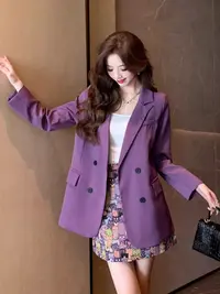 美拉德西装套装裙女秋季新款时尚洋气紫色西服外套提花半裙两件套