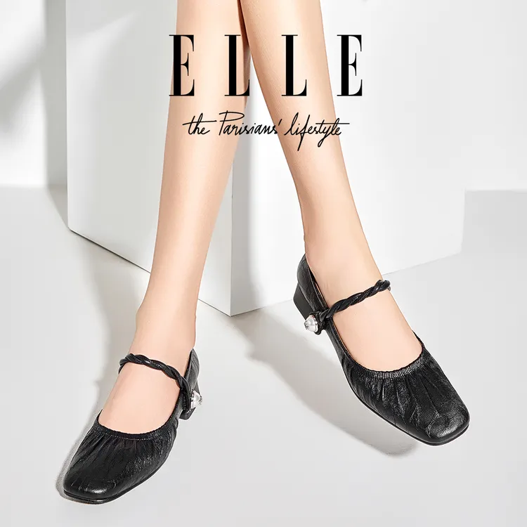 ELLE软底玛丽珍鞋女2025新款绝美芭蕾单鞋一字扣珍珠配裙子高跟鞋