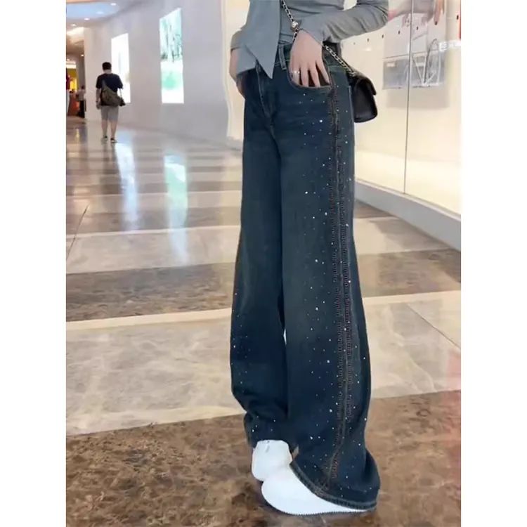 美式复古重工烫钻牛仔裤女2025春季新款高腰宽松显瘦阔腿拖地裤子