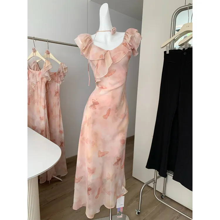 法式温柔风v领碎花连衣裙女夏季2025新款设计感小众气质修身长裙