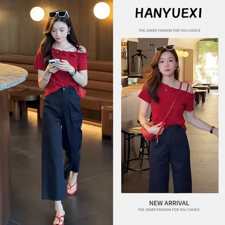 今年流行穿搭一整套2025新款红色斜肩吊带上衣修身显瘦直筒裤套装