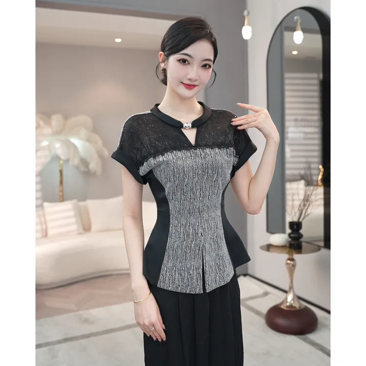 2025夏季新款【QQ-1044】轻奢高级感拼接收腰显瘦小众设计银色衬衫