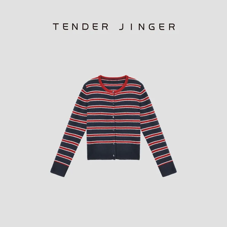 Tender Jinger｜经典条纹撞色异型扣丝羊绒开衫上衣T53NJJ50142