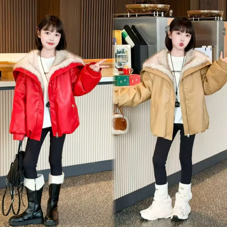女童冬季加绒加厚翻领皮衣外套新款女大童冬装短款派克服