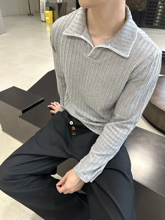 ONE LAST TIME春秋老钱风翻领长袖纯色针织衫条纹polo显瘦T恤