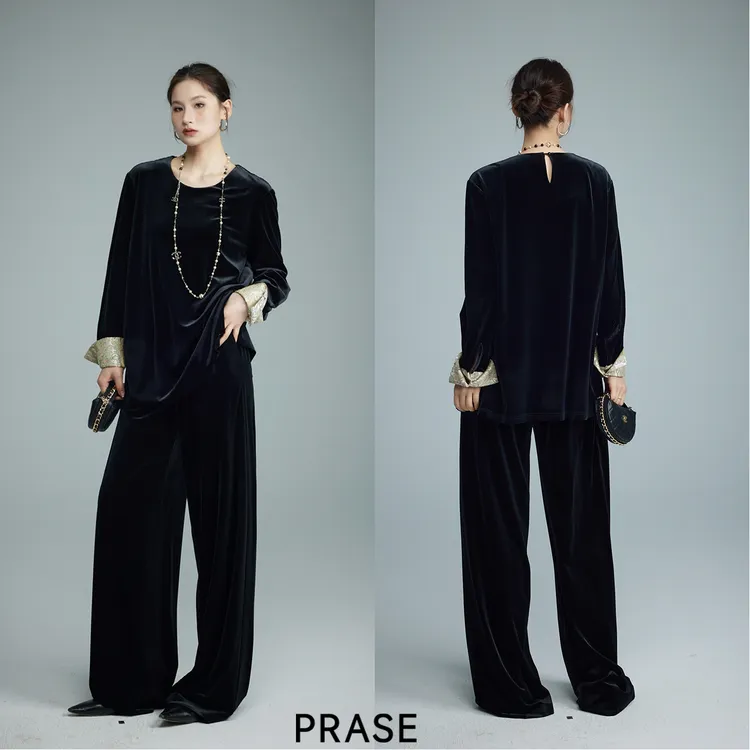 PRASE·噜【云想衣裳】微胖轻奢设计款秋新中式丝绒套装PR507B03/2