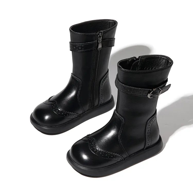 2025冬季女童真皮中筒靴小女孩韩版公主单靴加绒保暖宝宝牛皮棉靴