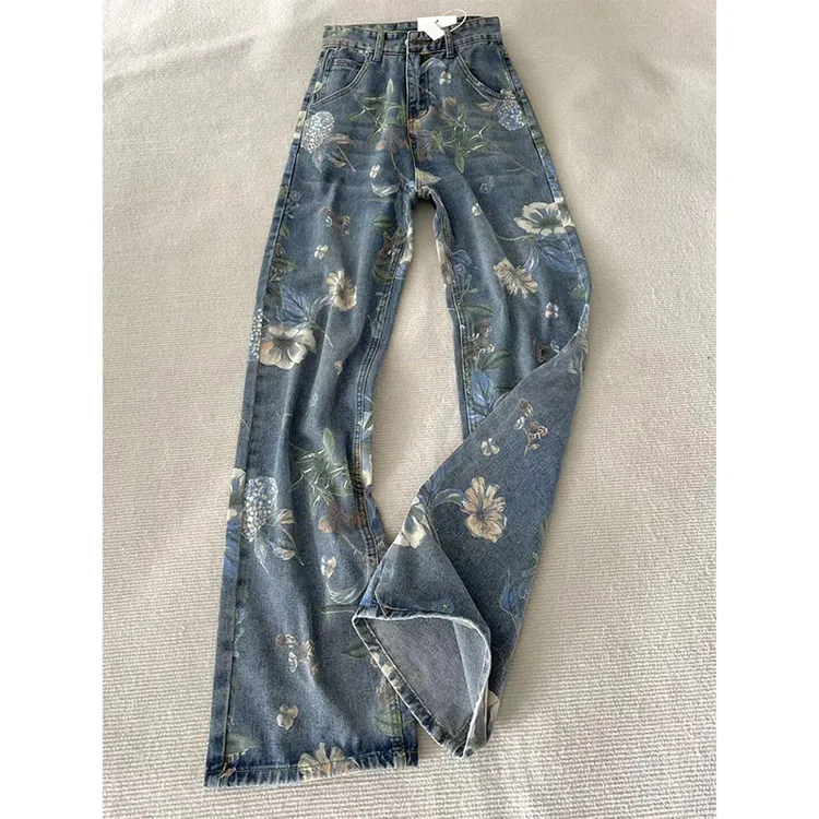 大码复古辣妹高个子垂感牛仔裤女夏季新款印花设计感宽松直筒裤子
