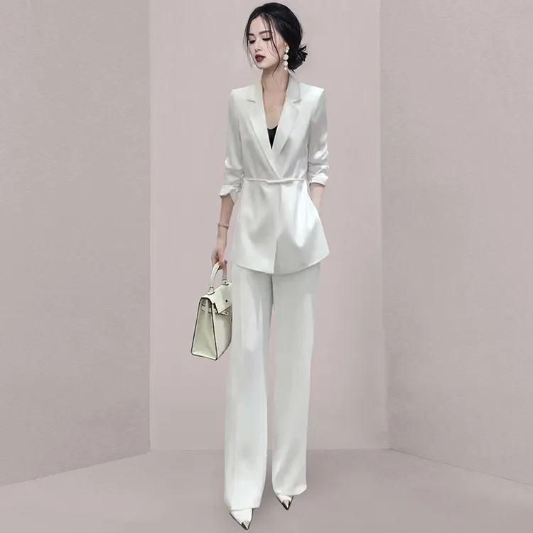 干练气质女装时尚高级感正式场合薄款醋酸缎面西装阔腿裤两件套夏