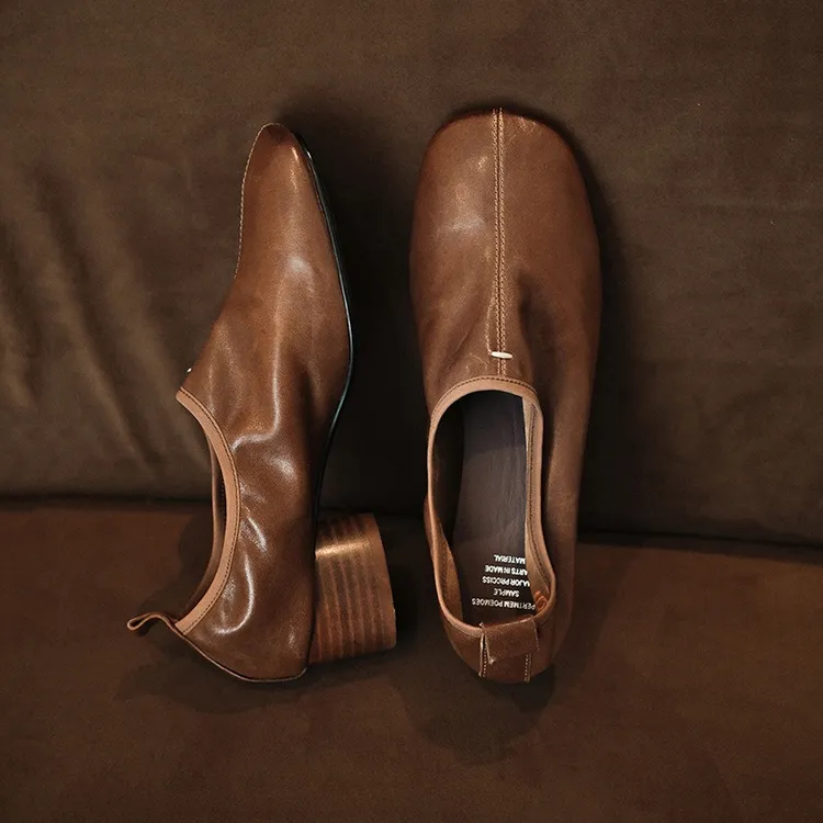 羊皮~5cm春秋新款深口真皮单鞋软底通勤粗跟复古棕色高跟小皮鞋女