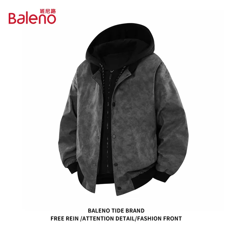 班尼路美式复古假两件连帽外套男2025秋冬季新款潮流高级感皮夹克