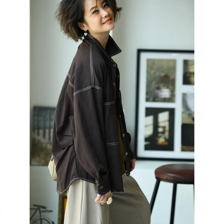 C98011 通勤中性大版明线双兜廓形翻领长袖加厚衬衫女秋 米兰宣言