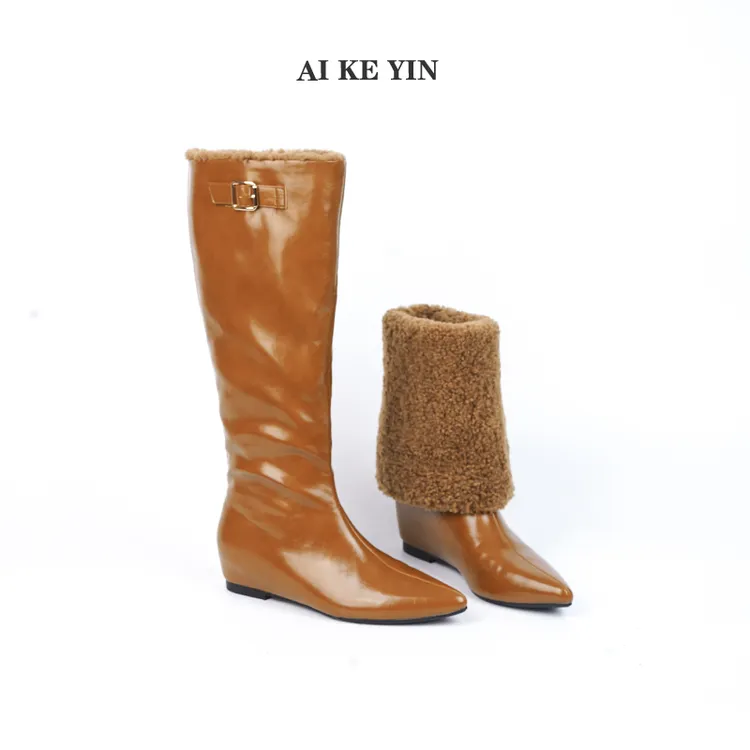 【艾珂茵】秋冬新款尖头无拉链加绒内增高时装长筒靴气质百搭时尚