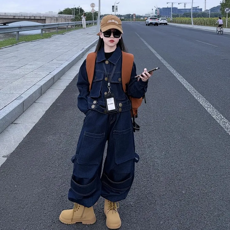 女童2025春秋新款时尚休闲牛仔套装洋气短款牛仔夹克外套工装裤潮