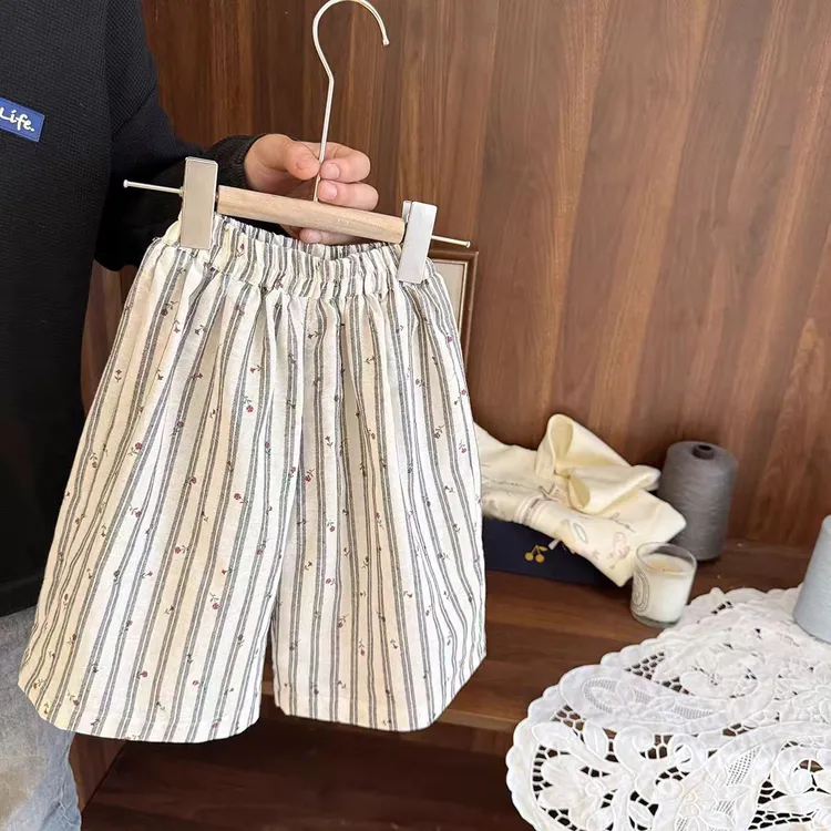 女童夏装薄款条纹休闲裤2025夏季小童女宝宝宽松阔腿裤儿童九分裤