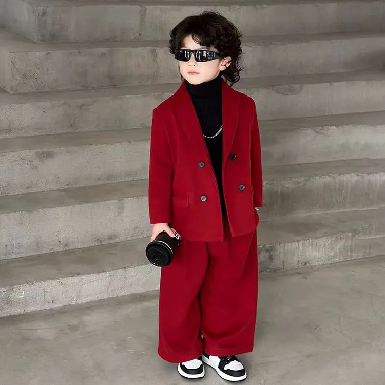 儿童毛呢西装套装秋冬加绒礼服男宝周岁生日小西服男童元旦演出服