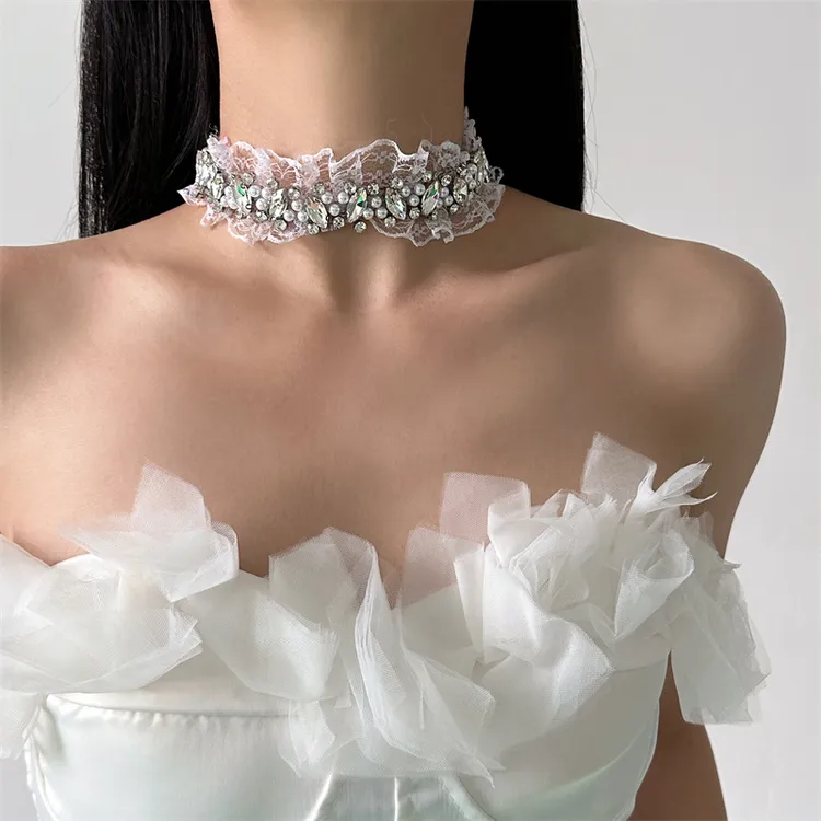 合金布艺项链 X6194-1法式复古蕾丝珠珠choker项链气质小众短款