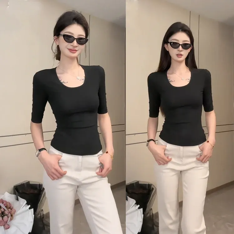 现货~黑色辣妹性感U领中袖T恤2025秋季新款微胖掐腰修身显瘦上衣