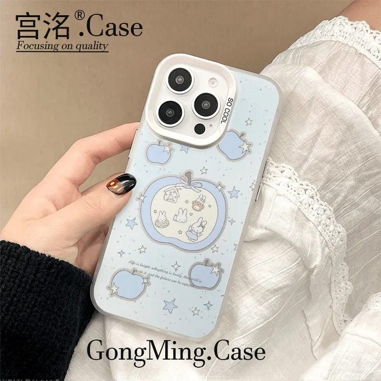 蓝苹果小兔子彩银壳适用于iPhoneiPhone苹果16手机壳华为oppo小米