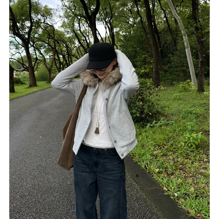 Our2【毛毛领卫衣】薄绒休闲慵懒风短款连帽毛领卫衣外套【X5834】