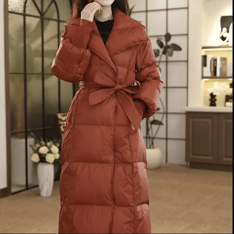 冬季女士长款时尚过膝翻领百搭保暖收腰休闲超厚羽绒服-Z24-33