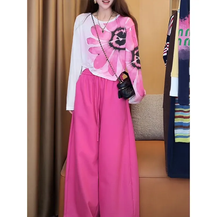 韩系高级感休闲时尚套装女秋季新款印花防晒上衣阔腿裤两件套3727