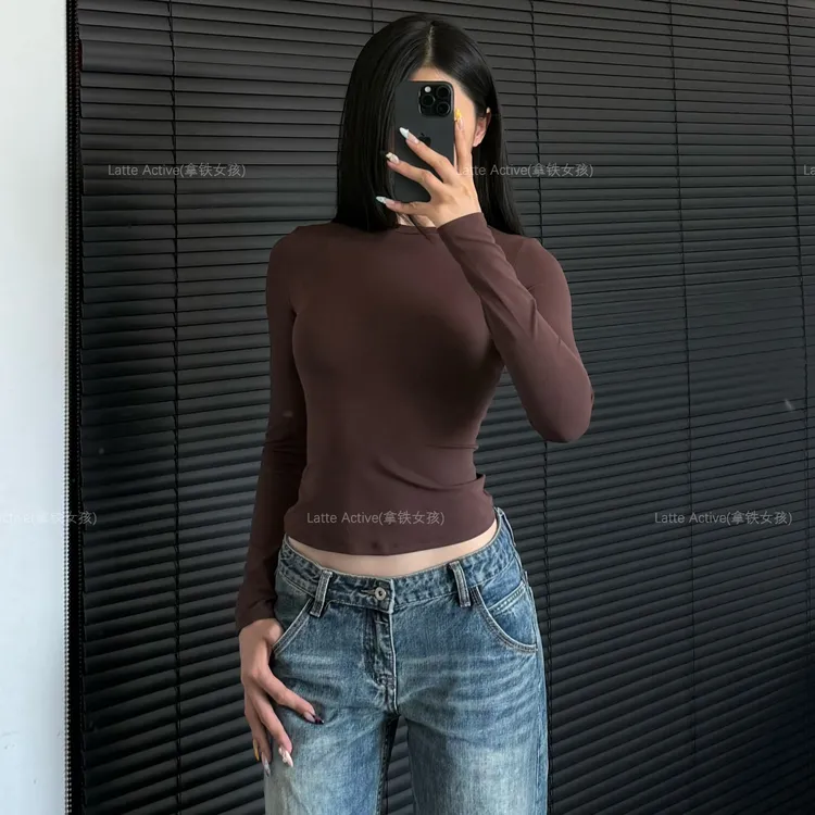 拿铁女孩高领运动上衣瑜伽服紧身透气裸感普拉提高弹训练长袖秋季