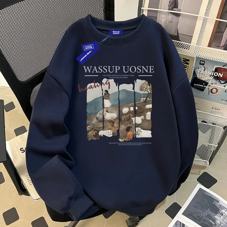 藏青色复古套头卫衣男生秋冬加绒hiphop网红洋气短宽上衣2025爆款