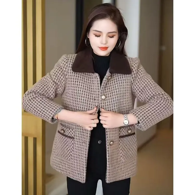 高端千鸟格短款格子外套女2025秋季新款高档中年妈妈简约时尚外套
