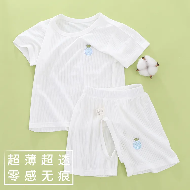 婴儿衣服夏季薄款分体套装a类冰丝莫代尔短袖t恤开裆短裤宝宝夏装