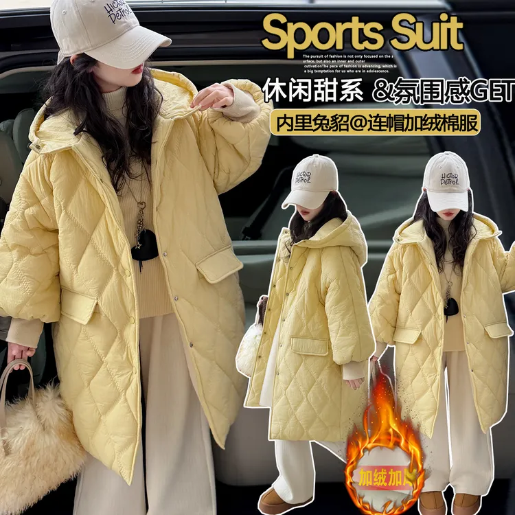 女童冬季加绒加厚保暖棉服6-16岁中大童长款棉衣女孩潮酷休闲百搭