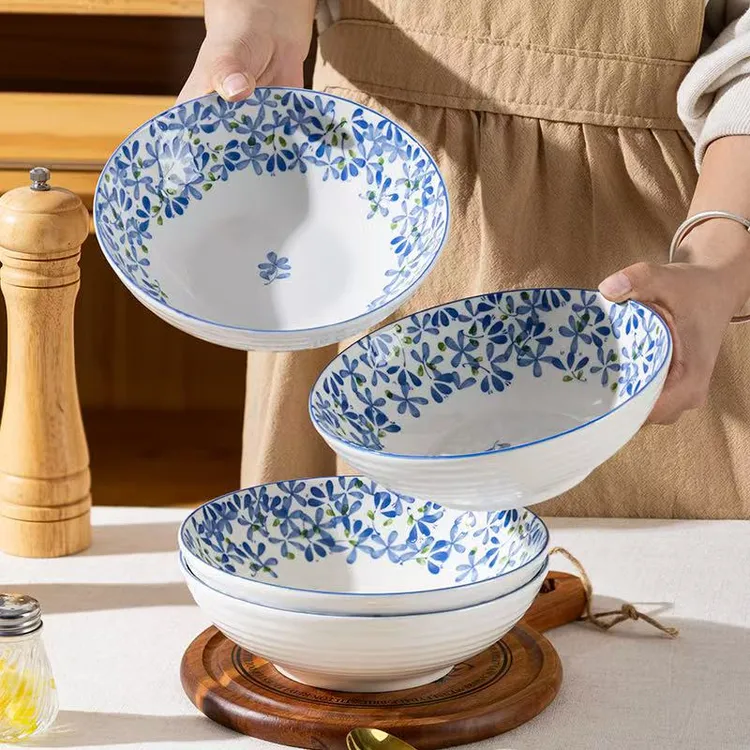 【6只装】7英寸高颜值冬兰釉下彩陶瓷汤碗家用餐具斗笠碗