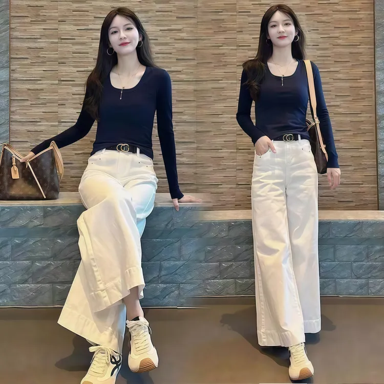 小个子时尚套装女秋季新款设计感U领T恤高腰阔腿百搭休闲裤两件套