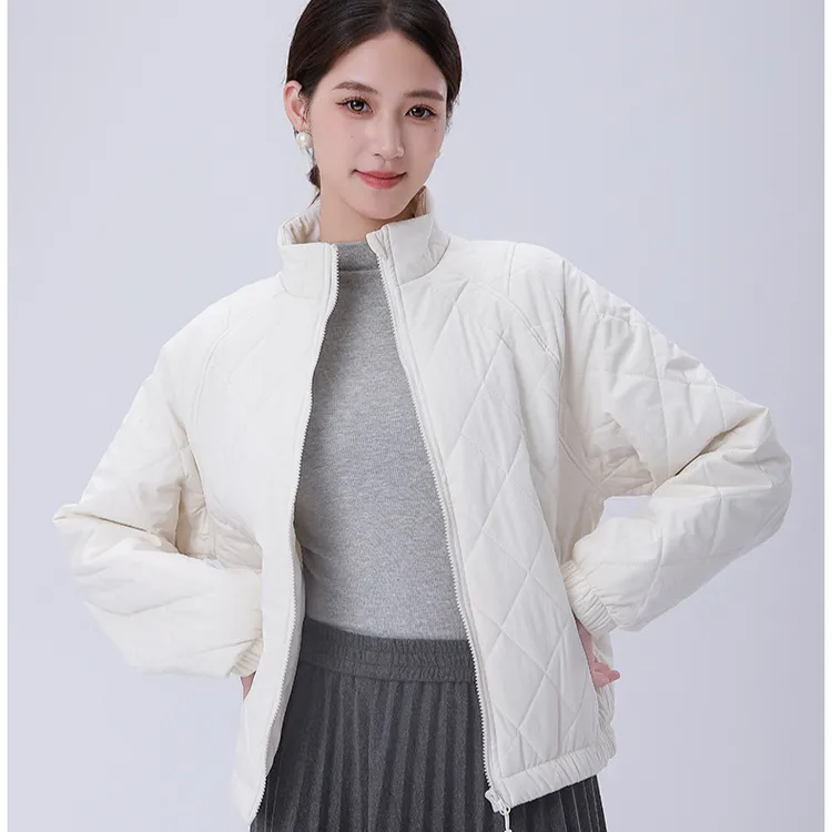 2025秋冬款美式菱形格羊毛棒球服轻薄立领休闲棉服夹克棉衣厚外套