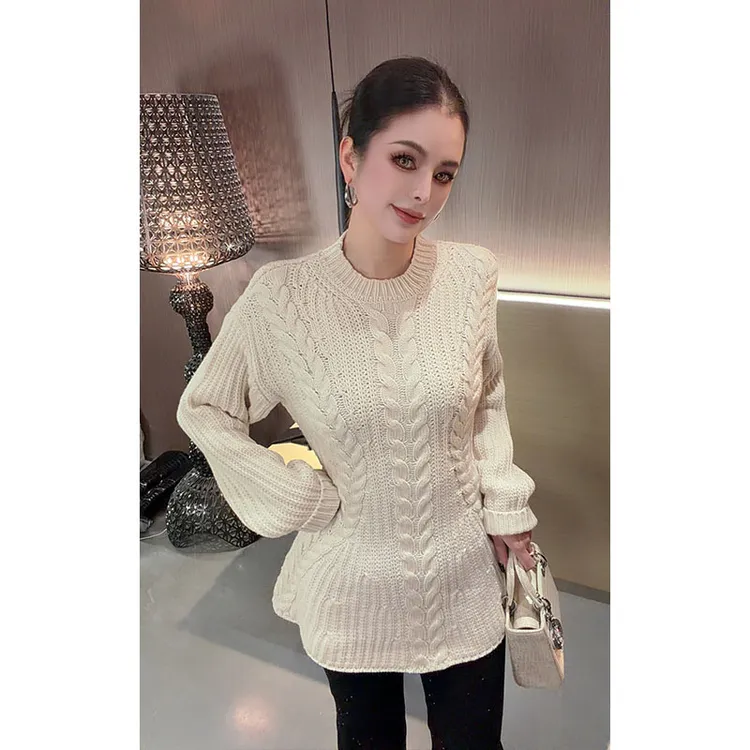 圆领麻花边拼接针织长袖上衣CS31459