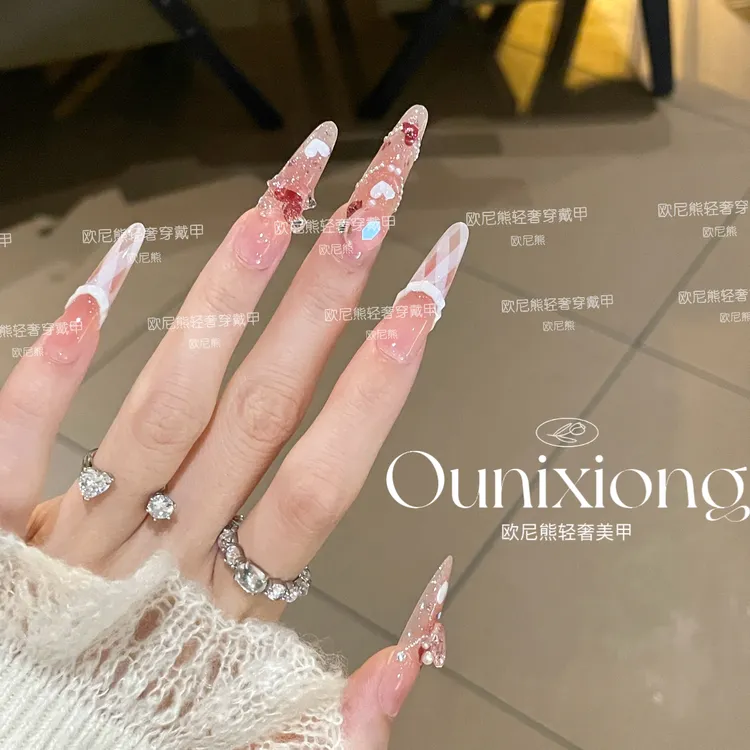 纯欲甜美方格透底蝴蝶结玛格丽特长款显白穿戴甲