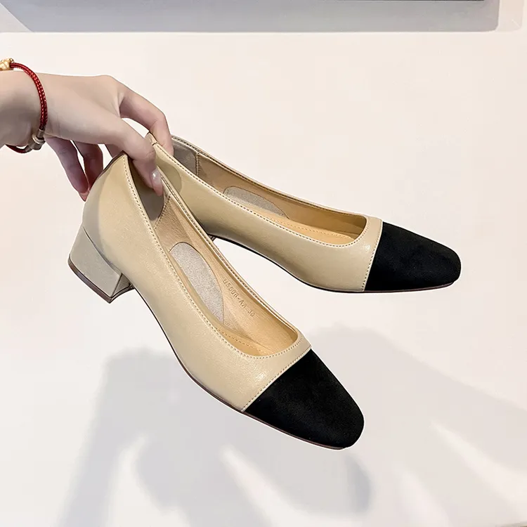 夏季新中式方头浅口中跟小香风风女鞋气质百搭法式粗跟鞋单鞋