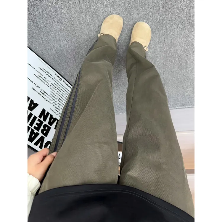 军绿色美式条纹裤子男款秋季潮牌直筒工装裤垂感宽松运动休闲长裤