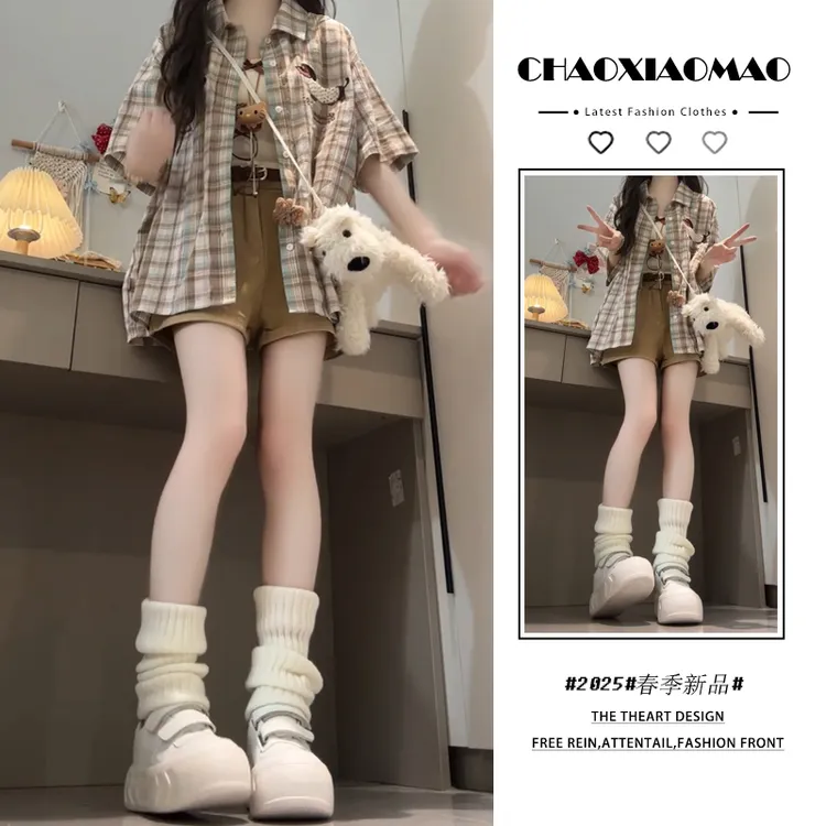 2025年春夏季新款韩穿搭套装女宽松趣味格子衬衫背心短裤三件套潮