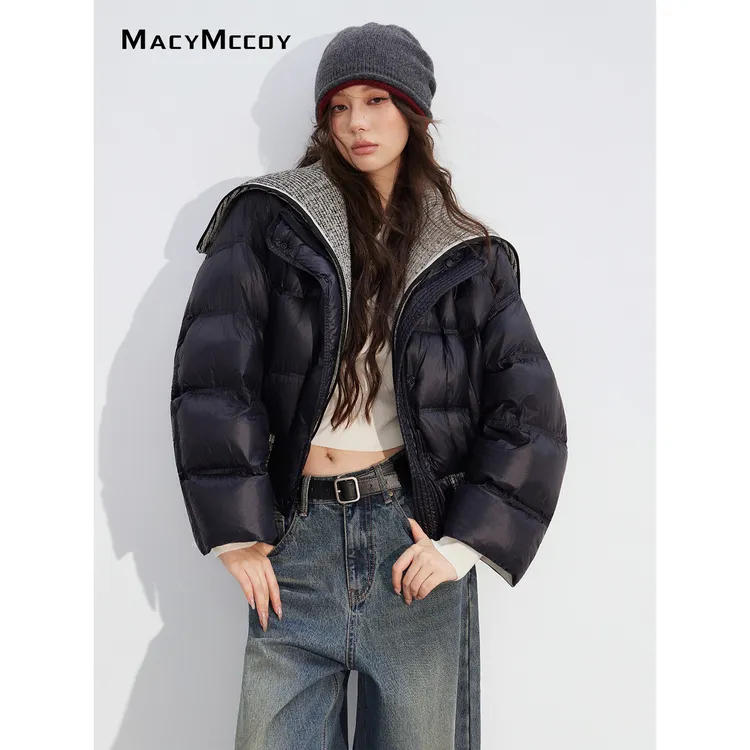 MacyMccoy正反两穿羽绒服女冬季针织拼接大翻领90白鸭绒保暖外套