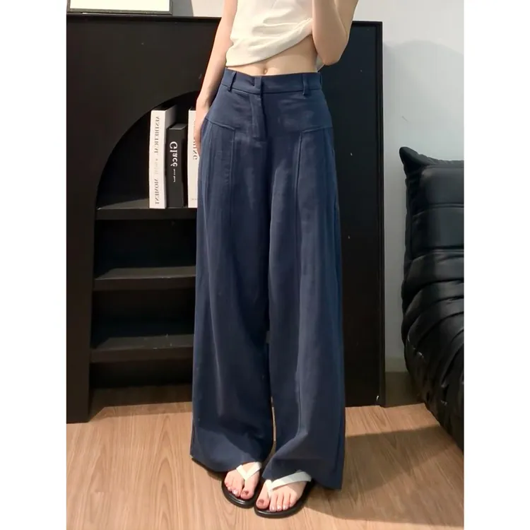 藏青色亚麻苎麻阔腿裤女秋季薄款高腰老钱风西装直筒休闲裤子