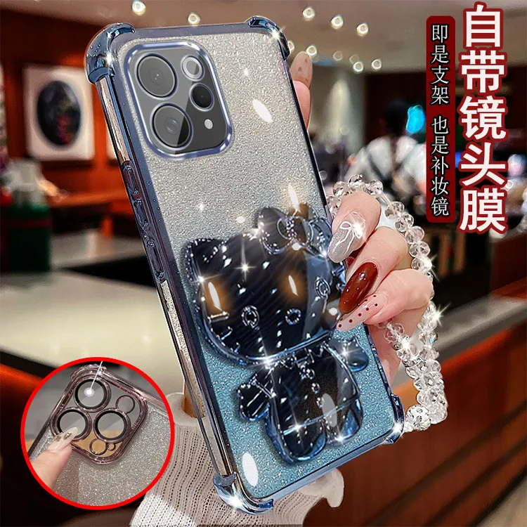 适用vivo S50手机壳2528A闪粉小猫支架镜子防摔保护套网红奢华