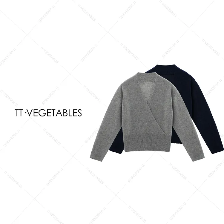 噢芬/小个子【栩酥】100%绵羊毛法式交叉领宽松羊毛衫上衣522725