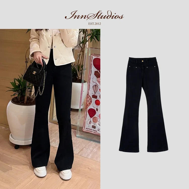 Innstudios「暴瘦裤-黑牛」筷子腿 微喇叭显瘦微弹力牛仔裤