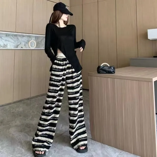 条纹阔腿裤套装女夏季新款高腰扎染百褶慵懒风百搭出游防晒两件套