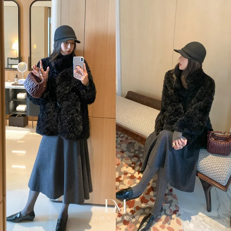 ADA MISS法式极简斜裁羊毛A字大摆中长款高腰修身半身裙女冬新款