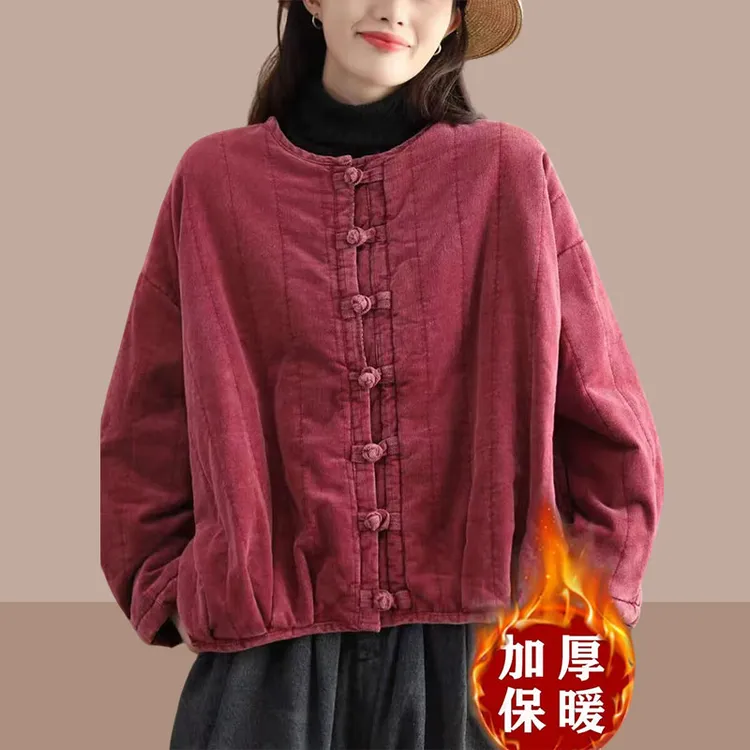 冬季新款复古细条绒夹棉外套女重工炒色加厚棉衣盘扣棉服保暖棉袄